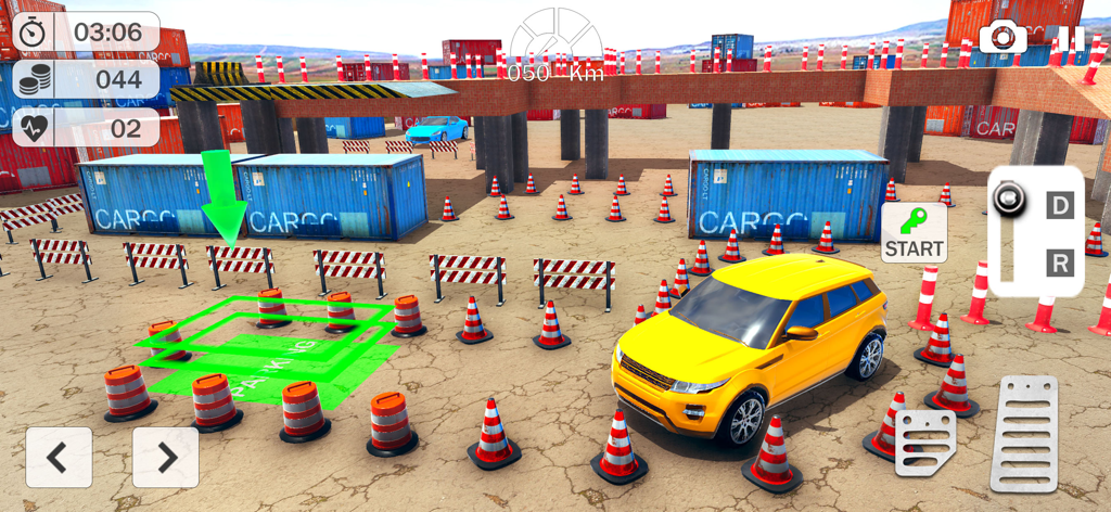 Prado Car Parking Driving Game - A yellow luxury SUV navigating a parking obstacle course with traffic cones and shipping containers in a driving simulation game.