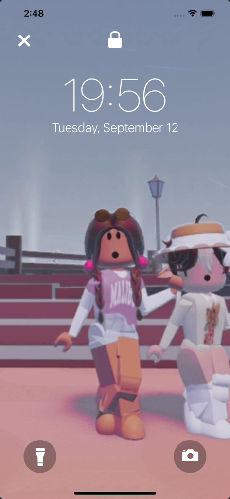 Roblox Live Wallpapers & Skins - iPhone lock screen showing a custom Roblox wallpaper with two aesthetic avatars