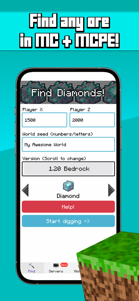 Mobile App-Oberfläche zum Finden von Diamanten in Minecraft durch Eingabe von Weltkoordinaten und Seeds.