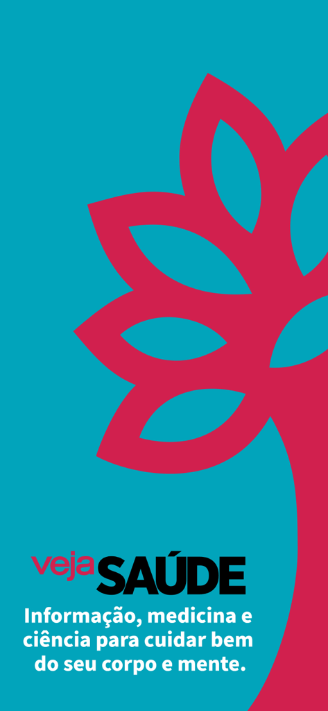 VEJA SAUDE app intro screen with a red tree logo and slogan about health medicine and science
