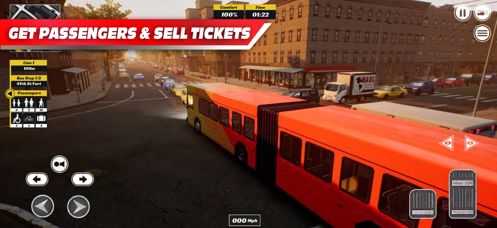 An orange articulated bus driving through realistic city streets in Bus Simulator PRO 2026