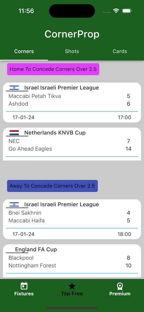 CornerProp- Team Corners Tips - CornerProp app screen displaying soccer fixtures and corner kick betting predictions.