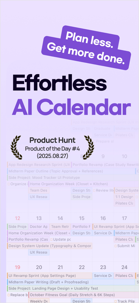 Écran promotionnel du calendrier IA Trace montrant le prix Product of the Day de Product Hunt et l'interface du planificateur quotidien.