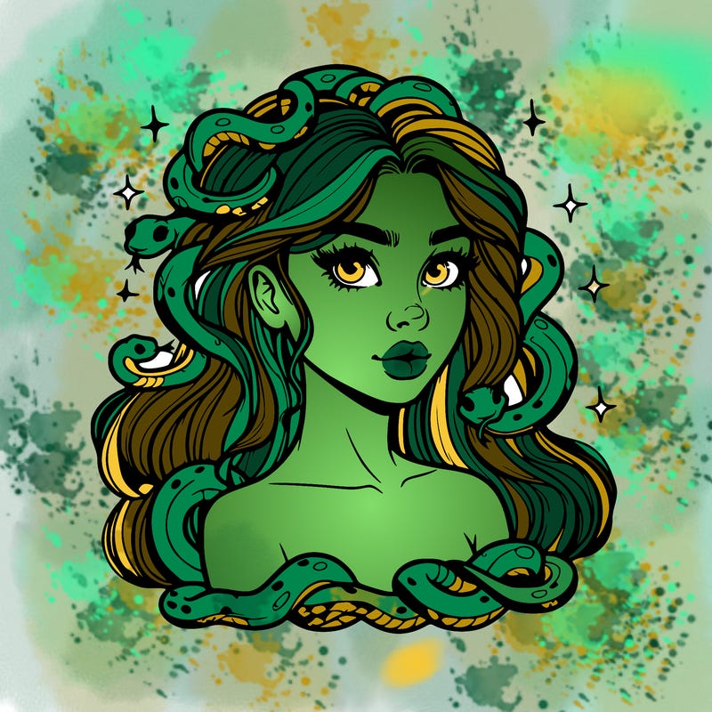 realistic girl with snakes as hair