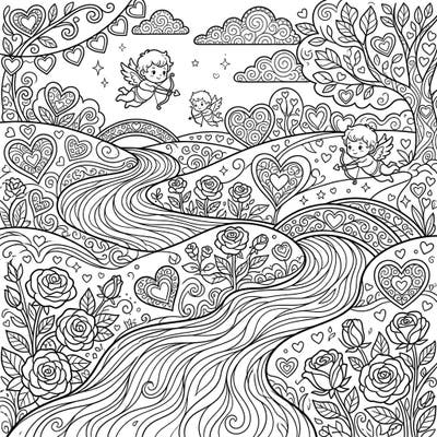 Celebrate love with this beautiful Valentine's Day coloring page, featuring a serene river winding through a landscape filled with hearts, roses, and playful cupids. It's the perfect artistic escape to bring romantic hues to life.