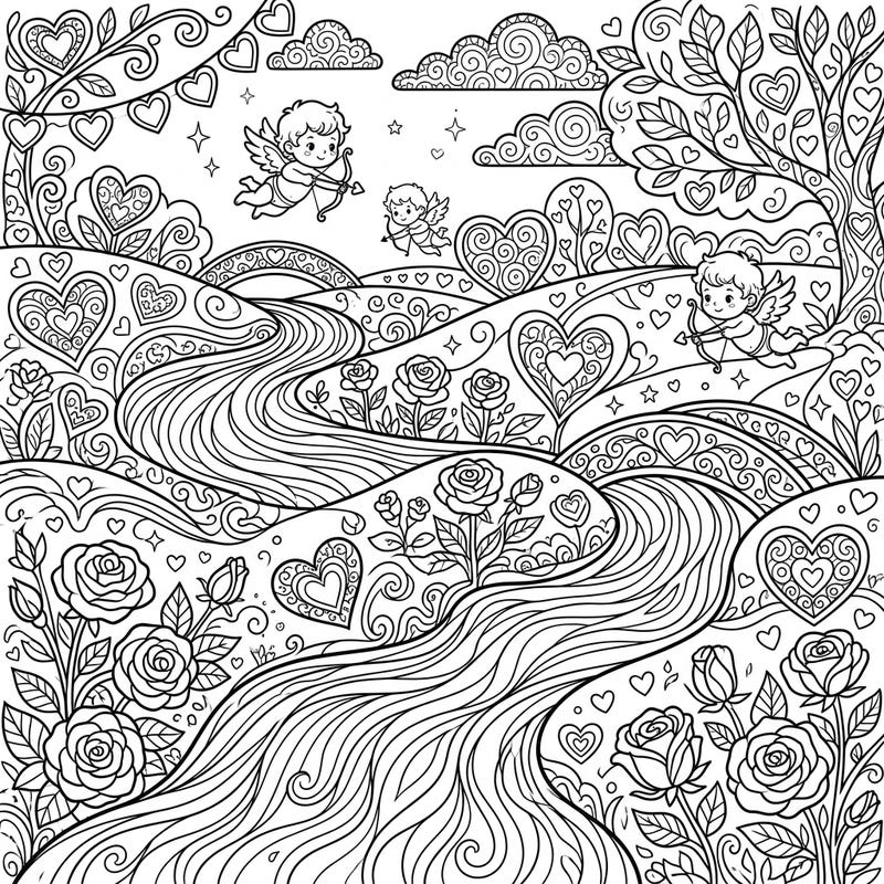 Celebrate love with this beautiful Valentine's Day coloring page, featuring a serene river winding through a landscape filled with hearts, roses, and playful cupids. It's the perfect artistic escape to bring romantic hues to life.