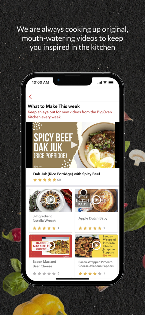 BigOven app interface showing a list of weekly recipe videos for inspiration