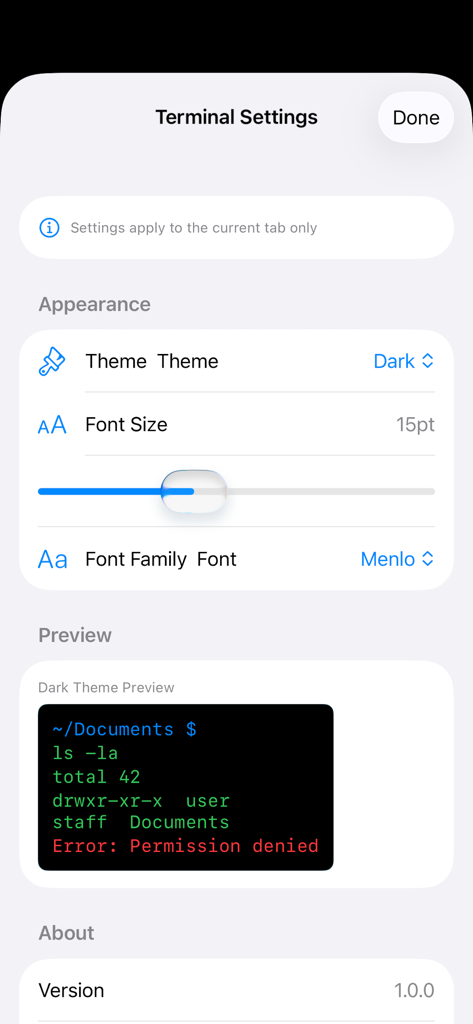 SwiftyTerminal settings screen showing options for theme, font size, and font family with a terminal preview.