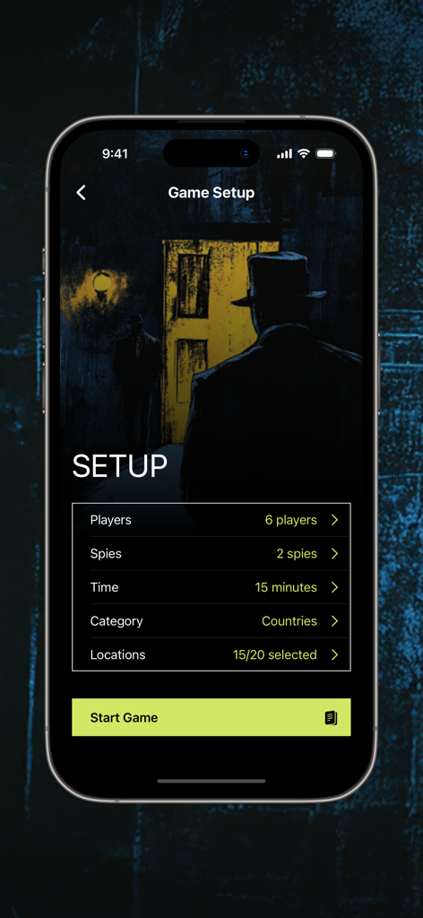 Spy: The Party Game - Interfaccia di configurazione del gioco per Spy The Party Game con impostazioni giocatore e categoria