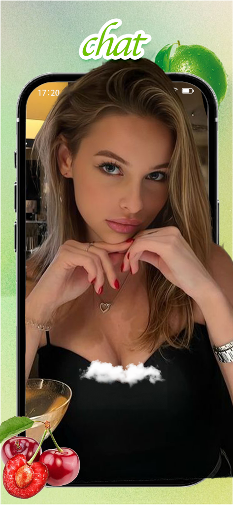 Una joven en la pantalla de un smartphone representando la función de chat de la aplicación Jooka de cócteles y estilo de vida