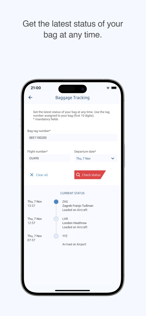 Croatia Airlines - The baggage tracking feature of the Croatia Airlines app showing a bag's status and flight history across different airport hubs.