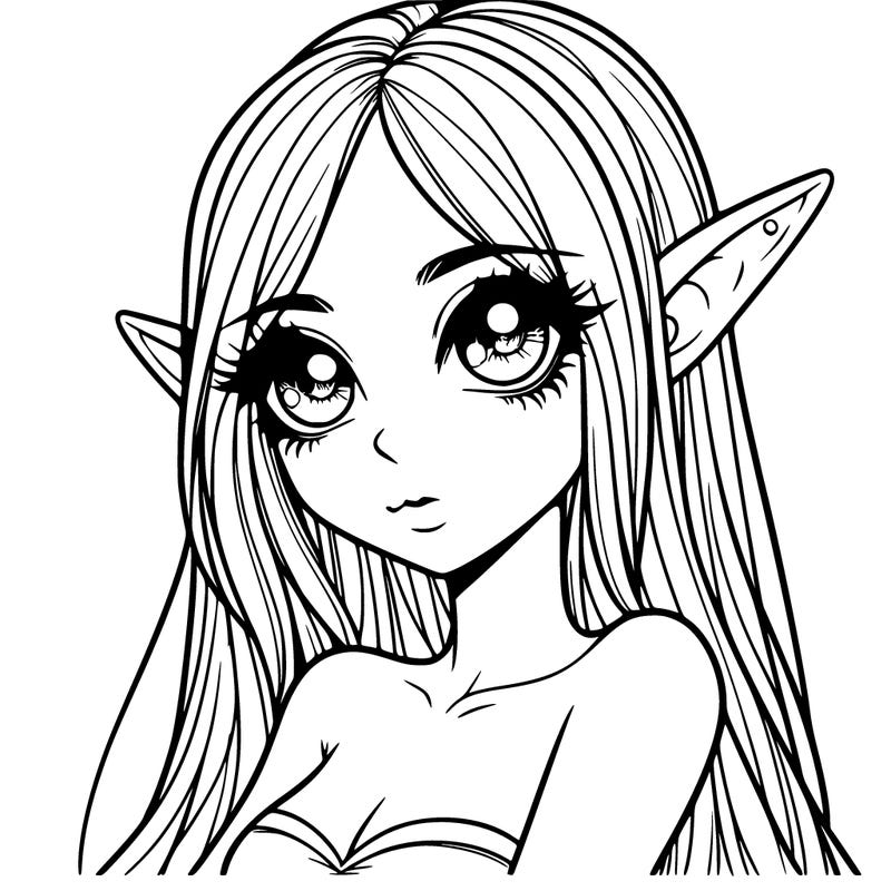 realistic woman with long hair pointy ears and big kawaii eyes