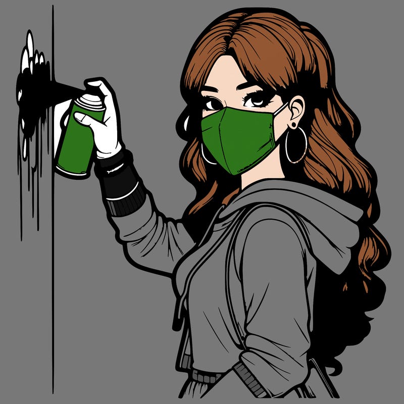 realistic girl with mask spray painting a wall