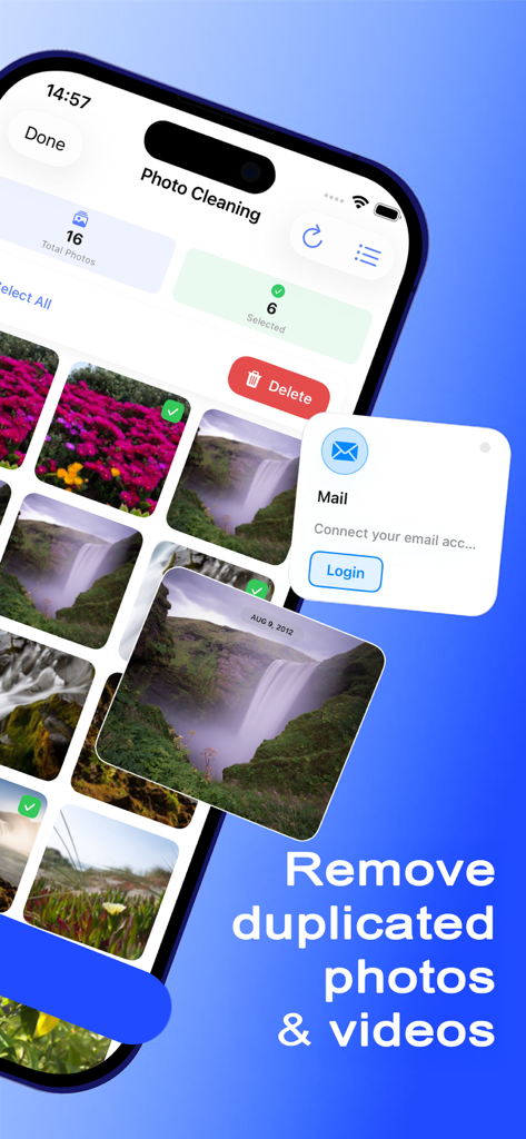 iPhone画面にClean Space AIアプリのインターフェイスが表示され、重複写真や動画の削除を行っています