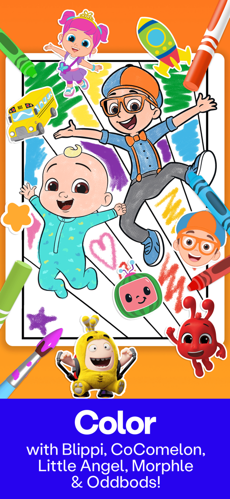 Digital coloring page featuring Blippi, JJ from CoComelon, and other Moonbug characters with crayons and a paintbrush