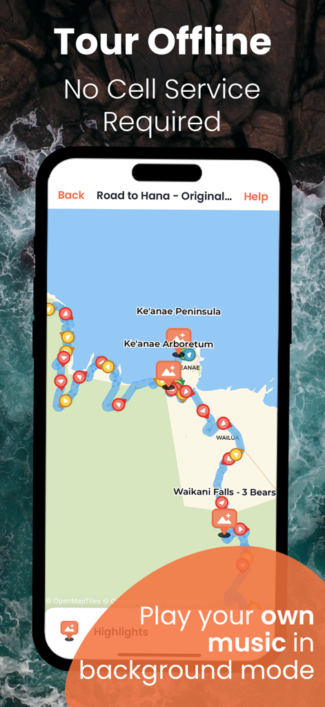 Smartphone screen showing the Road to Hana offline map and GPS tour guide interface