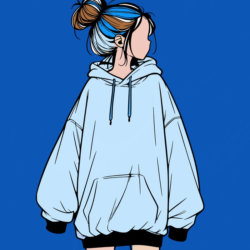 realistic girl with a oversized sweatshirt on and a bun