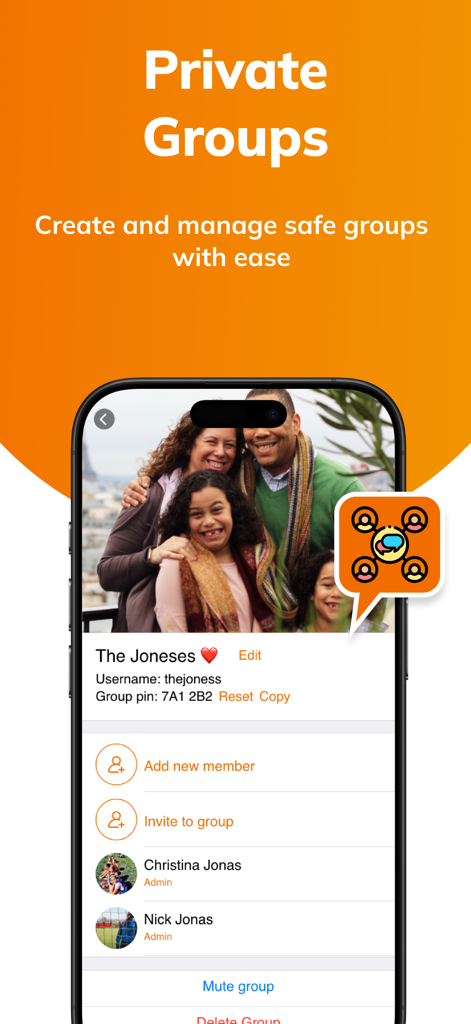Stars Messenger Kids app interface showing private family group management with a safety pin and member list.