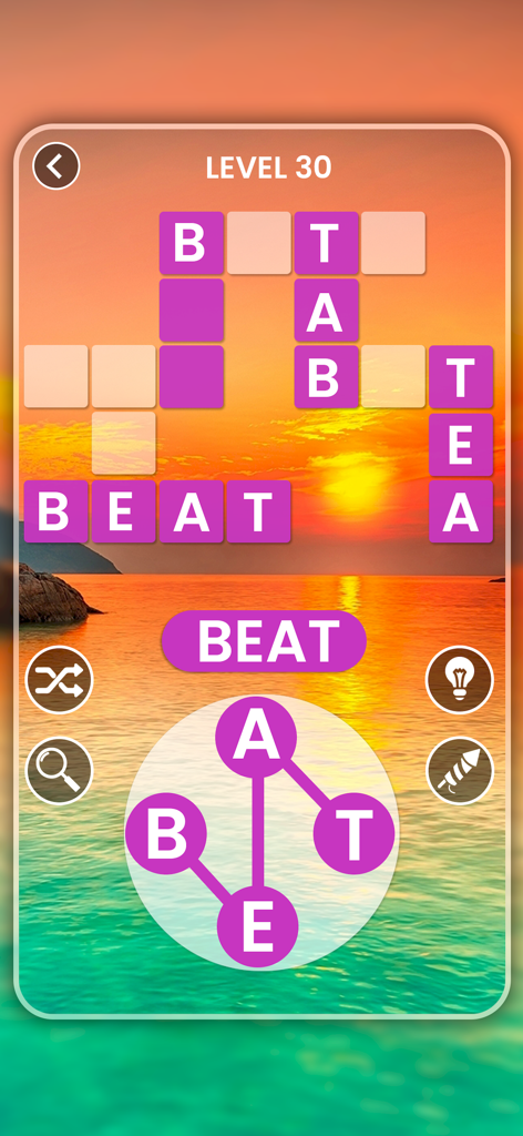 Word Crossy - Brain Word Game - A word connect puzzle level in Word Crossy with a relaxing sunset ocean background