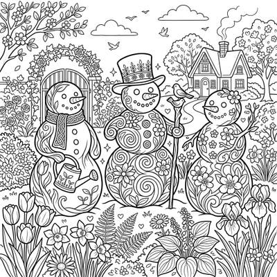Discover the whimsical blend of winter and spring with this delightful coloring page featuring ornate snowman sculptures. Adorned with blooming flowers and intricate patterns, these unique snowmen bring a fresh twist to your coloring adventure.