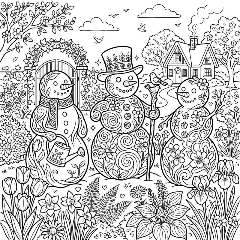 Discover the whimsical blend of winter and spring with this delightful coloring page featuring ornate snowman sculptures. Adorned with blooming flowers and intricate patterns, these unique snowmen bring a fresh twist to your coloring adventure.