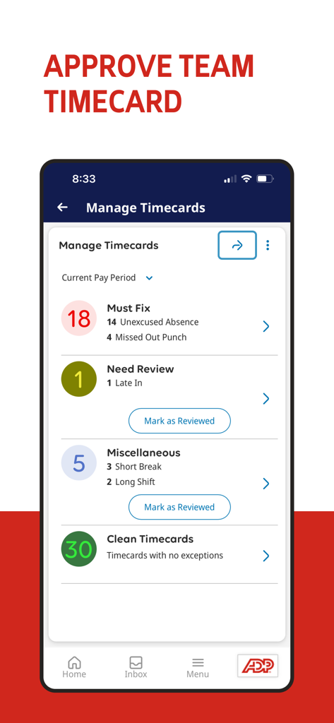 ADP My Work - ADP My Work mobile app screen for managing and approving team timecards showing attendance exceptions and clean records