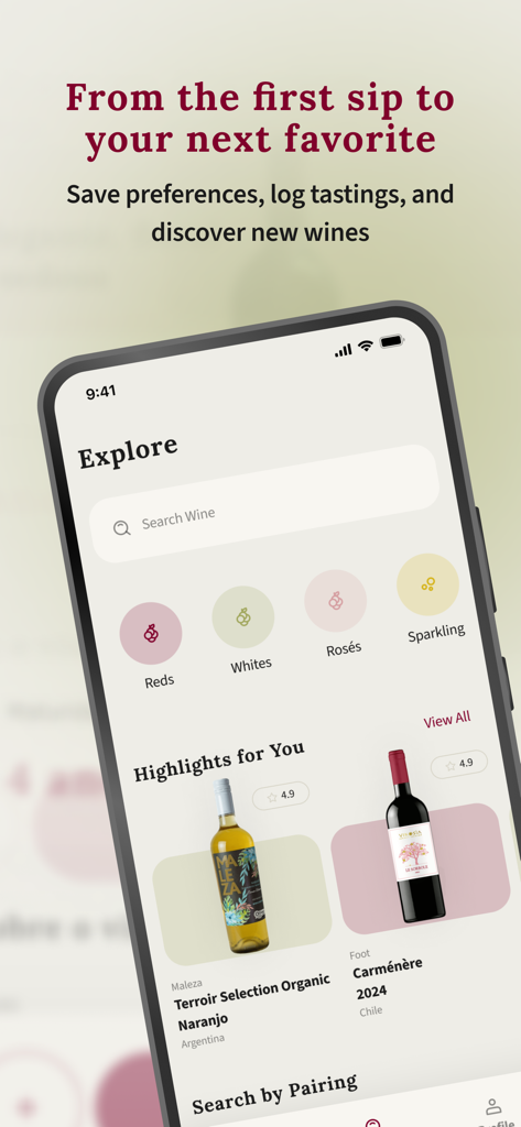 Vine app explore screen showing wine categories and personalized wine recommendations