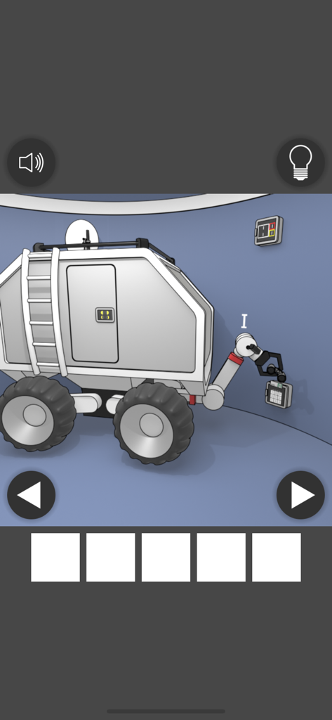 Space Museum Escape - A space rover using a robotic arm to interact with a wall keypad in a minimalist museum room