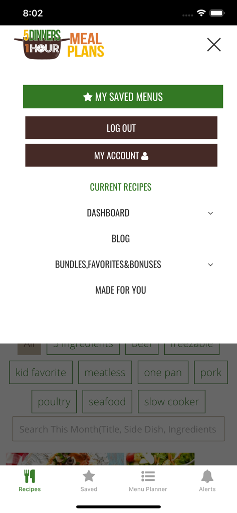 5 Dinners 1 Hour 식사 계획 앱의 탐색 메뉴로 계정 옵션 및 레시피 카테고리가 표시됩니다.