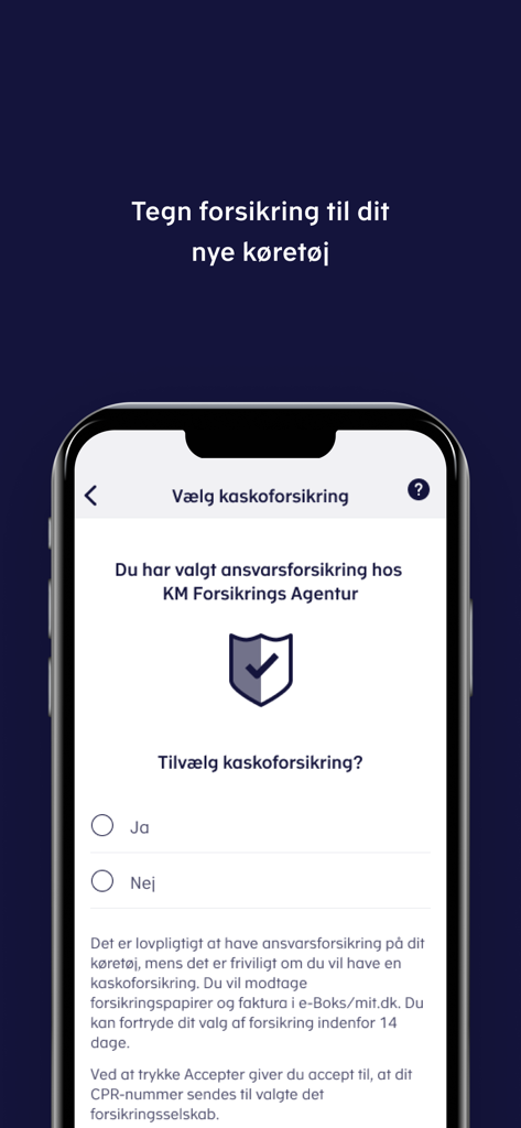 Interface de sélection d'assurance dans l'application Ejerskifte pour le transfert de propriété de voiture