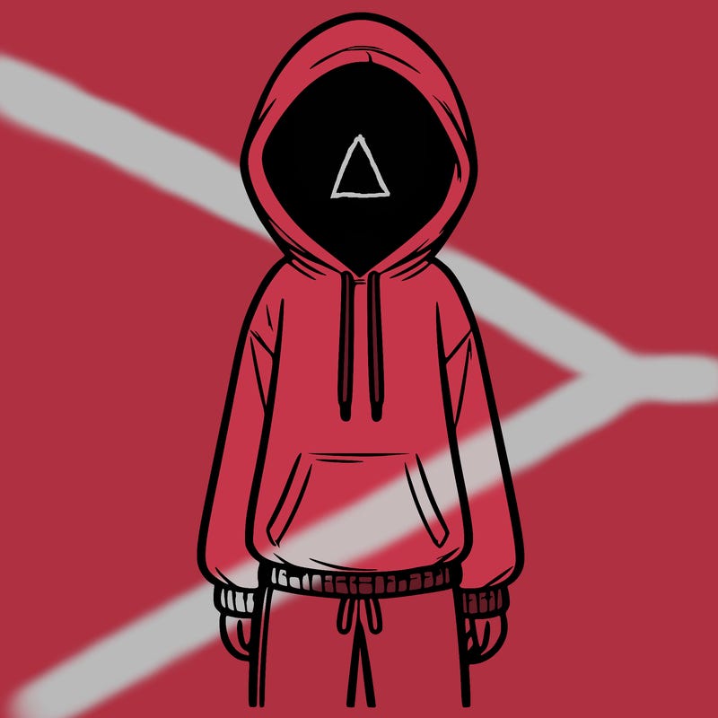faceless girl in a tracksuit with a hood on and no hair