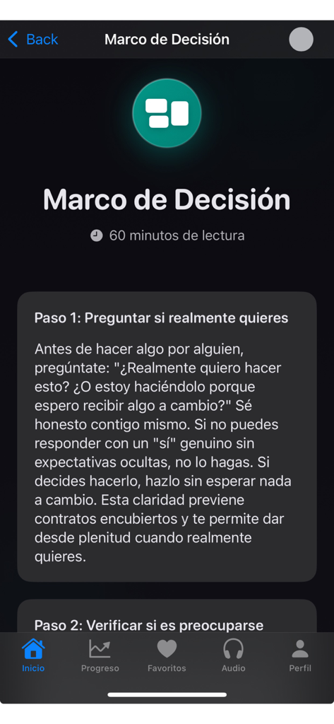 Huellas de vida - Huellas de Vida app decision framework module step one screen