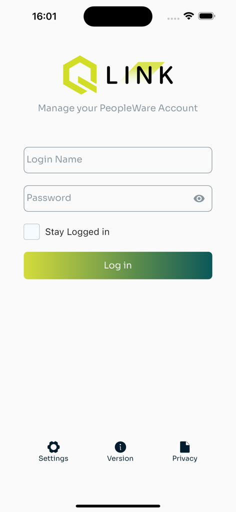 PeopleWare MOBI - Login screen for the PeopleWare MOBI employee self-service app