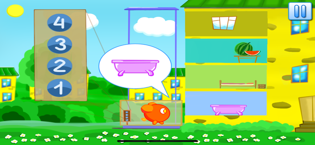 Learning numbers 123 count - Pantalla de mini-juego educativo para niños pequeños con un personaje naranja en un ascensor junto a un edificio numerado