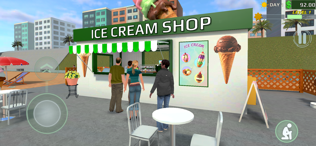 Ice Cream Revolution - Gameplay screenshot of an outdoor 3D ice cream shop with customers waiting in line