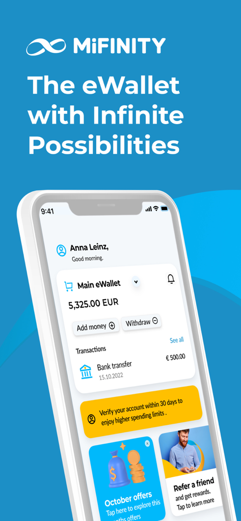 Pantalla de inicio de la aplicación móvil MiFinity mostrando el saldo de la cuenta de un usuario en Euros y transferencias bancarias recientes