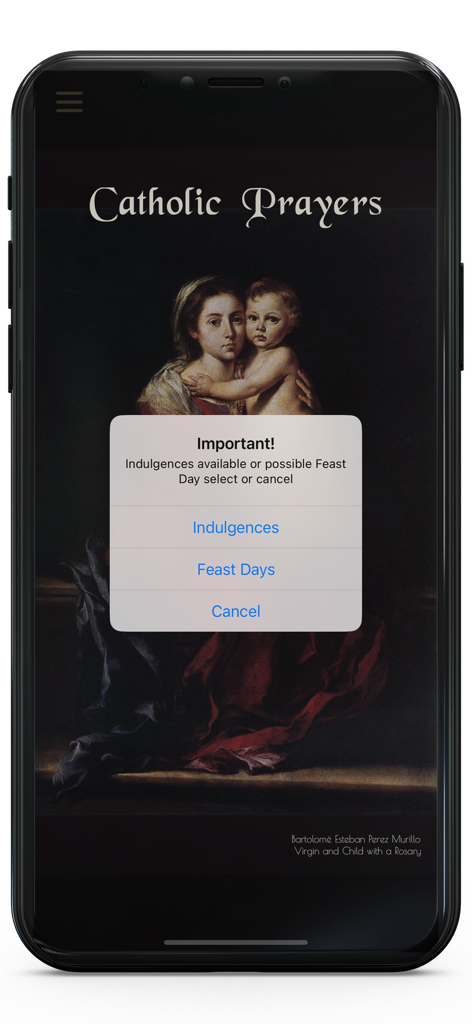 Murillo의 성모자 그림과 면죄부 및 축일 옵션이 있는 가톨릭 기도 앱 인터페이스.