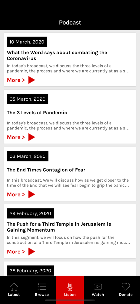 End Time Headlines - Podcast section of the End Time Headlines app featuring a list of episodes on Biblical prophecy and current events