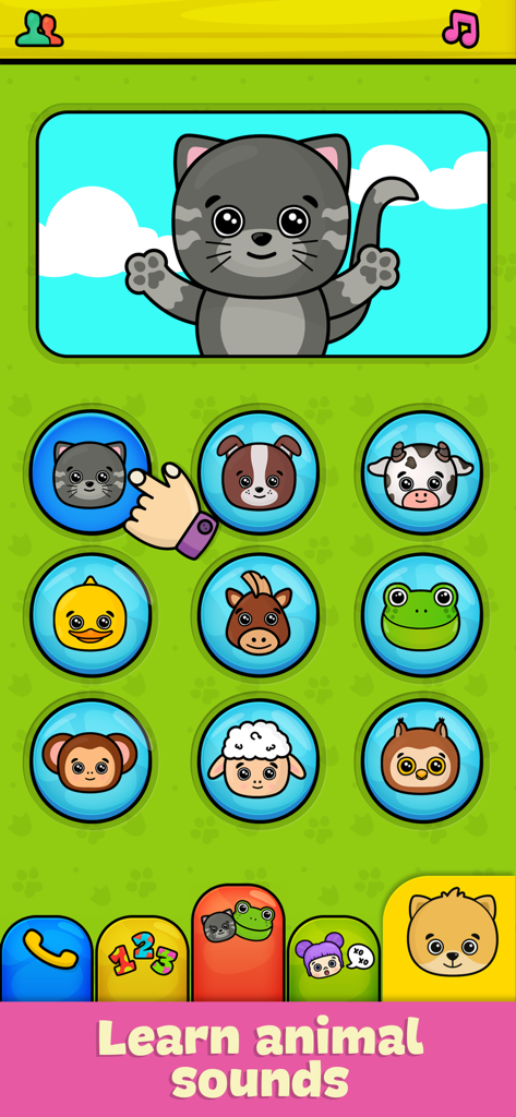 고양이, 개, 소와 같은 다양한 동물 아이콘을 특징으로 하여 동물 소리 학습을 위한 유아용 다채로운 교육용 앱 화면