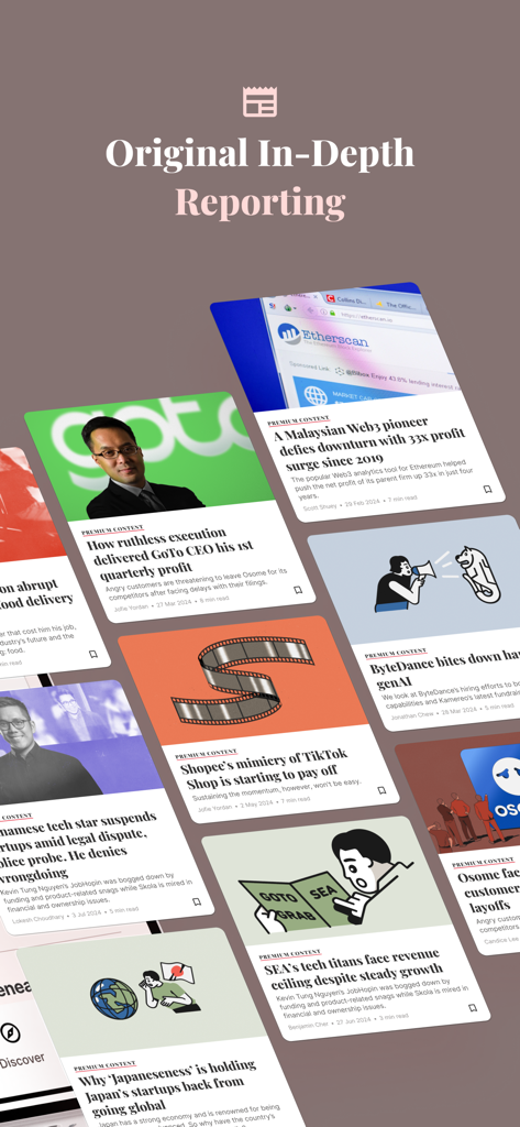 Tech in Asia: News & Analysis - A collage of news article cards within the Tech in Asia app showing headlines about Asian tech leaders and startups