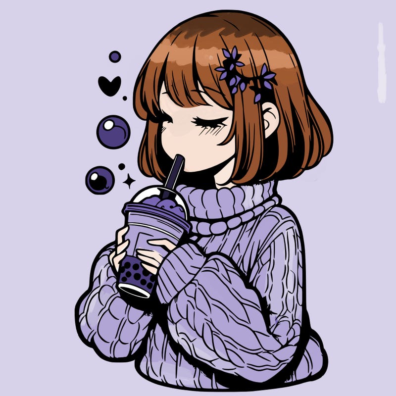 manga girl drinking boba in cozy sweater