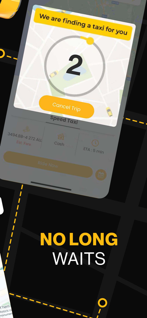 Speed Taxi Albania - Speed Taxi Albania app interface showing a taxi search in progress with the text No Long Waits
