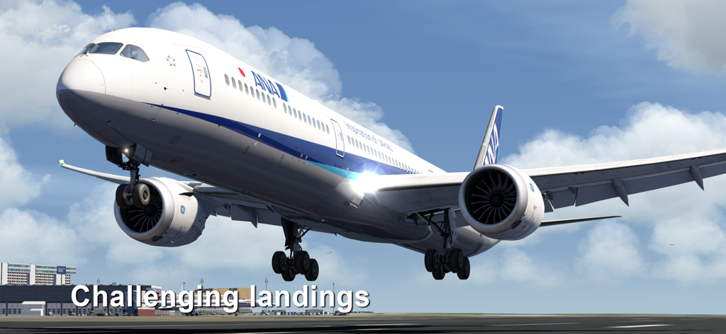 A commercial airliner landing on a runway in the Aerofly FS Global flight simulator