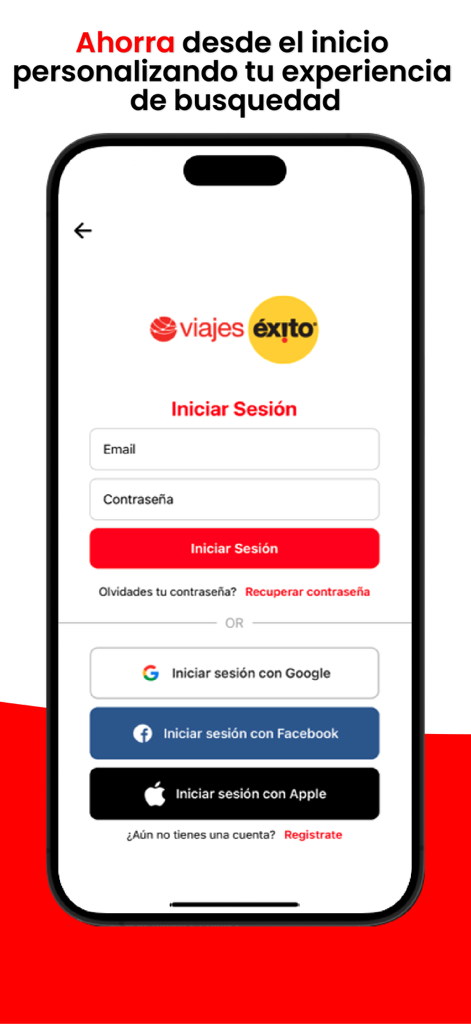 Viajes Éxito - Viajes Éxitoアプリのログイン画面。メール、Google、Facebook、または Apple でサインインするオプションが表示されます。