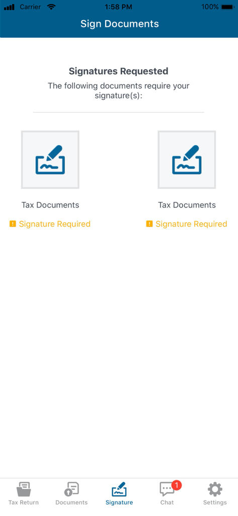 Mobile app interface of TaxesToGo showing documents waiting for a digital signature.