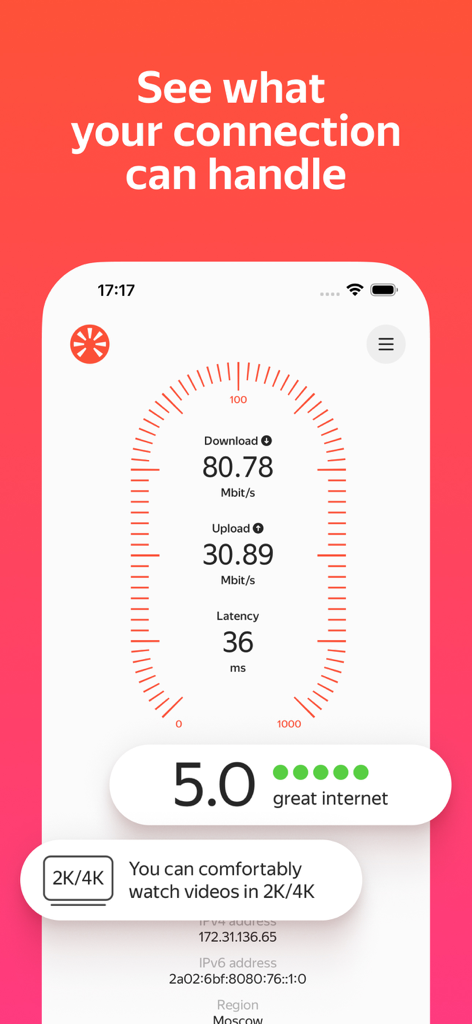 Yandex Internetometer - A screenshot of the Yandex Internetometer app showing internet download and upload speed results with a rating for 4K video streaming.