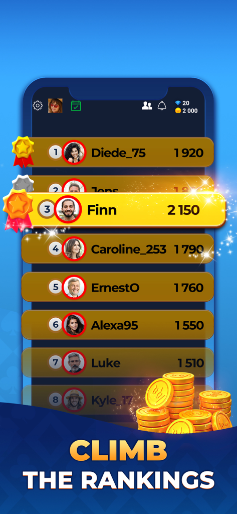 VIP Games: Card & Board Online - Clasificación global de jugadores y rankings competitivos en la aplicación VIP Games