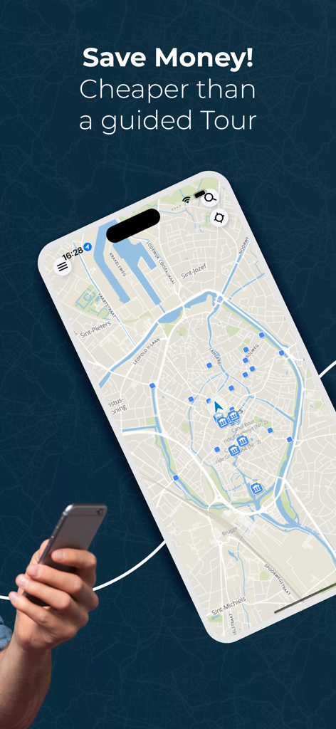 Pantalla de smartphone mostrando un mapa interactivo de Brujas con puntos de interés y el texto Ahorra dinero Más barato que una visita guiada