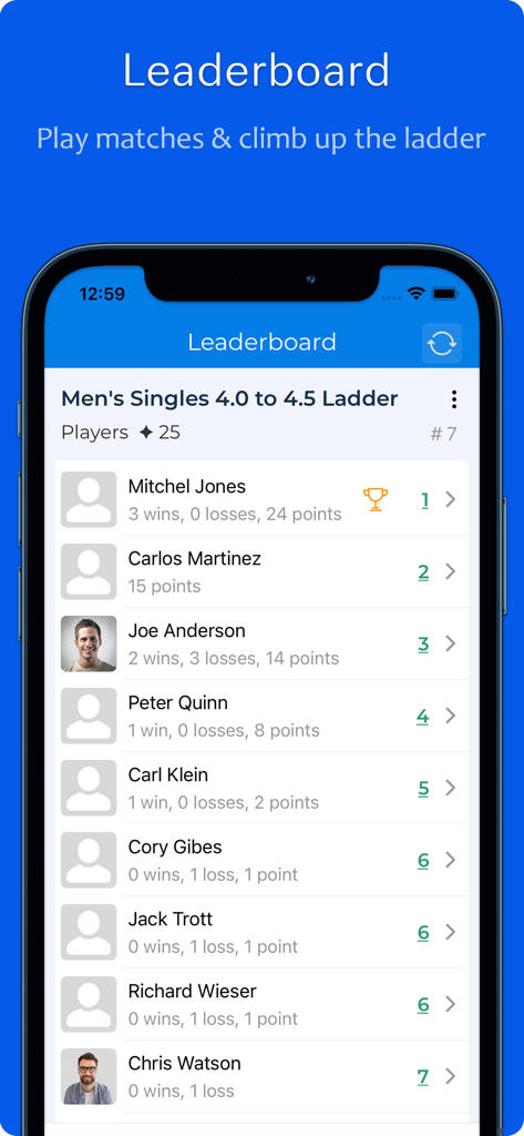 Clasificaciones de jugadores de tenis y pantalla de la tabla de clasificación en la aplicación iTennisLadder