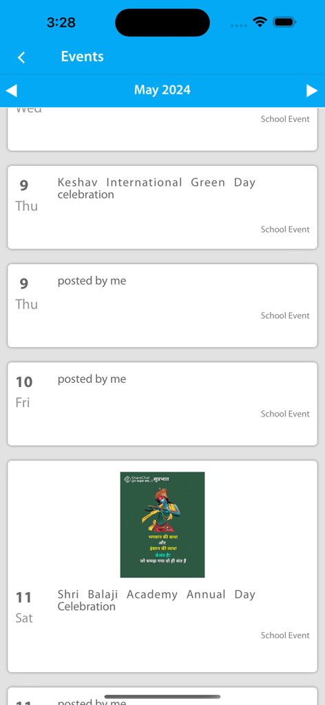 La pantalla Eventos de la aplicación School Diary que muestra un calendario mensual de actividades escolares.